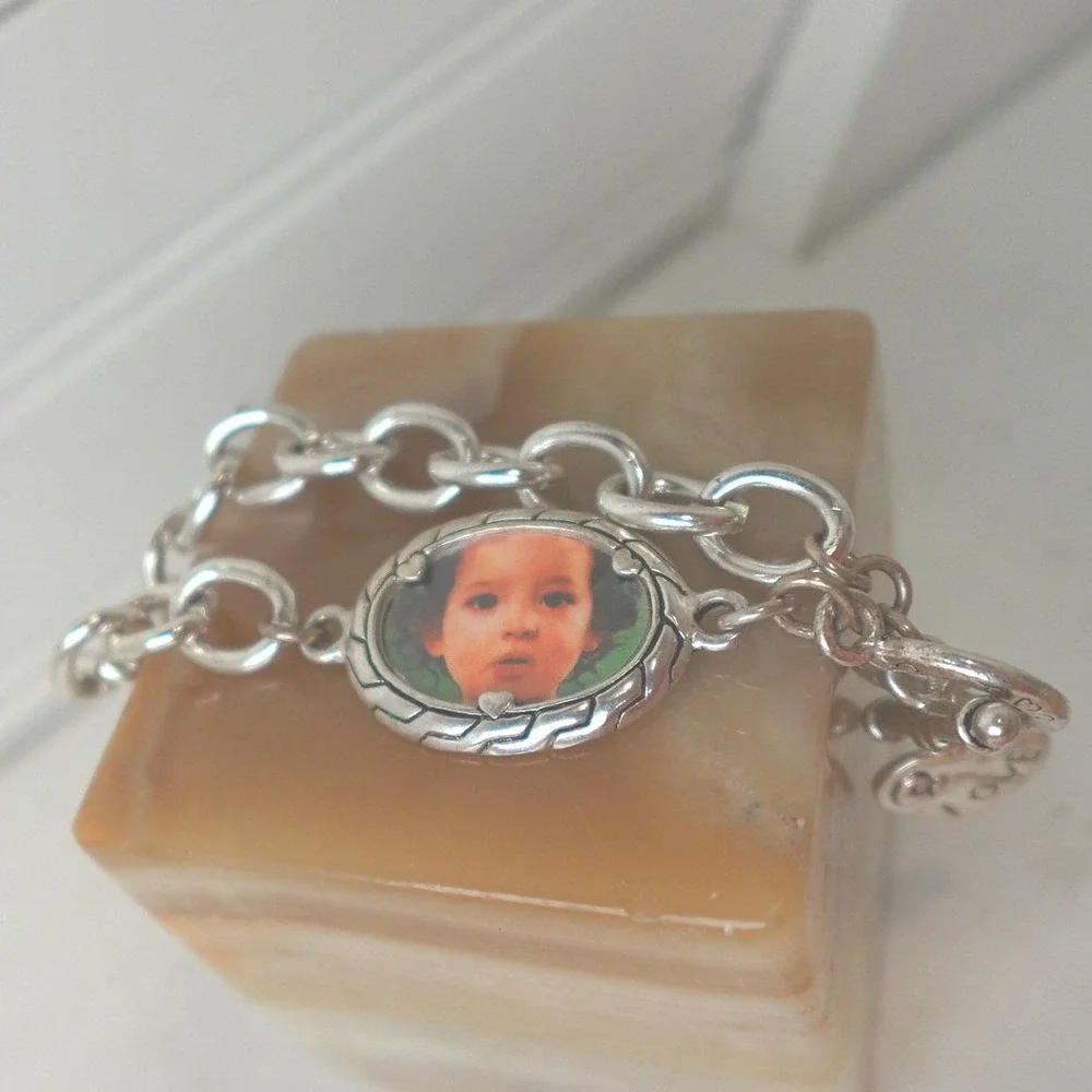 Y2K Photo Locket Charm Bracelet Silver Tone Picture Love Retro Chunk Jewelry